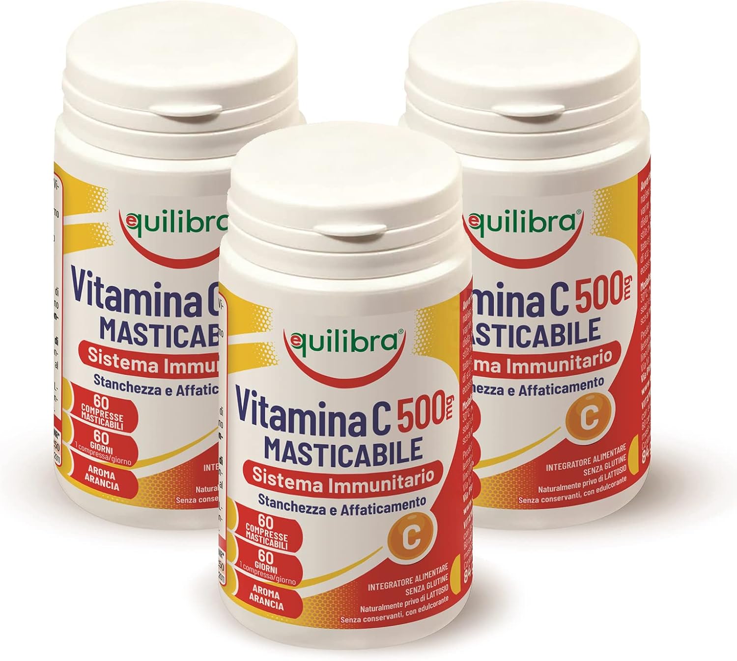 Equilibra Integratori Alimentari, Vitamina C 500 mg, Integratore per la Normale Funzione del Sistema Immunitario, Riduce Stanchezza e Affaticamento, Aroma Arancia, 3 Pezzi da 60 Compresse Masticabili