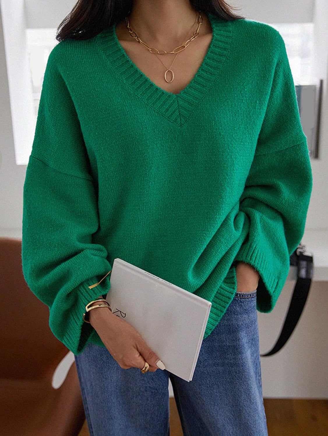 Women's Sweater Neck Drop Shoulder Sweater Sweater for Women (Color : Green, Size : Medium)