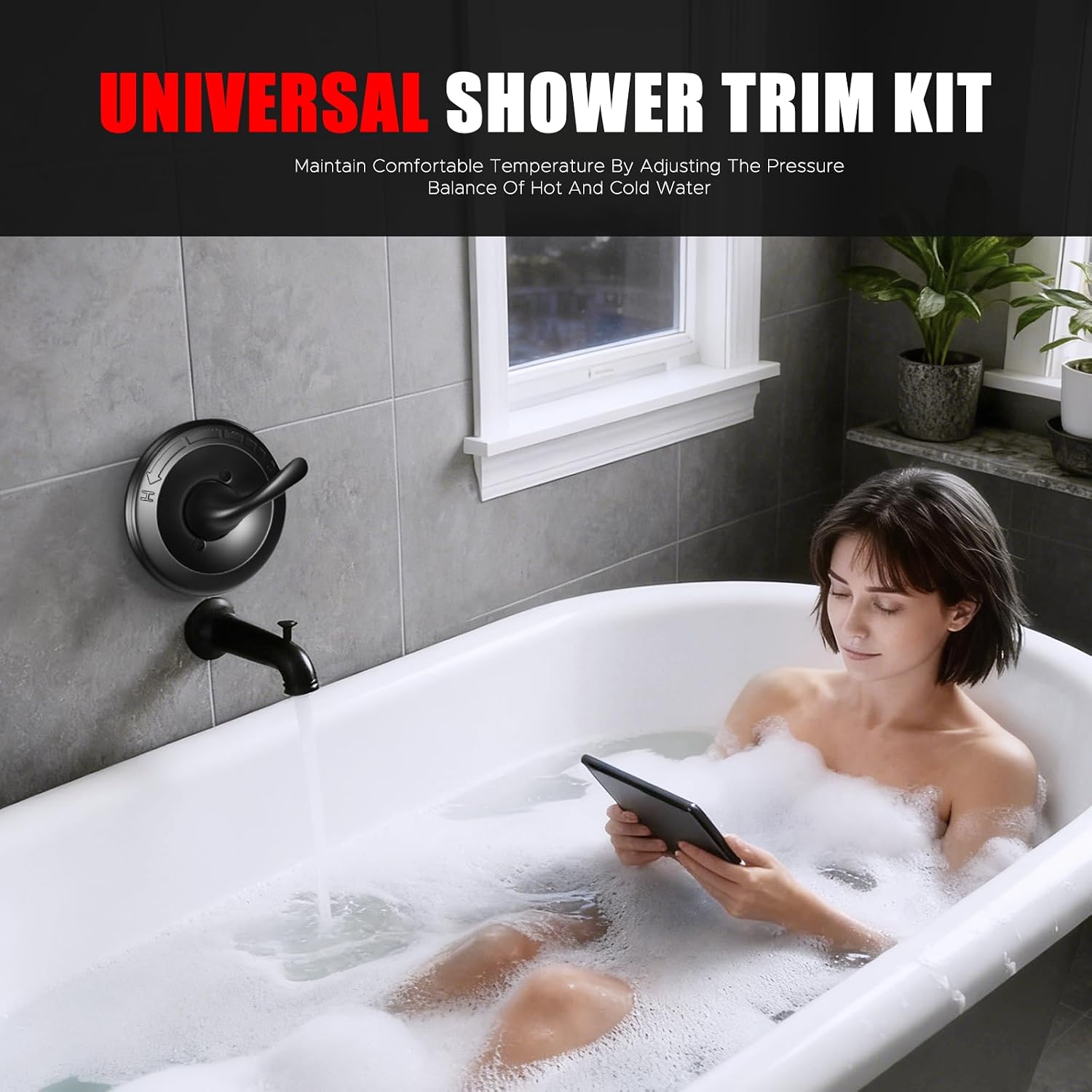 Universal Shower Trim Kit Replacement for Delta 13/14 Series, Matte Black Shower Handle & Cover Plate, Durable Metal Construction-Valve & Cartridge Not Included