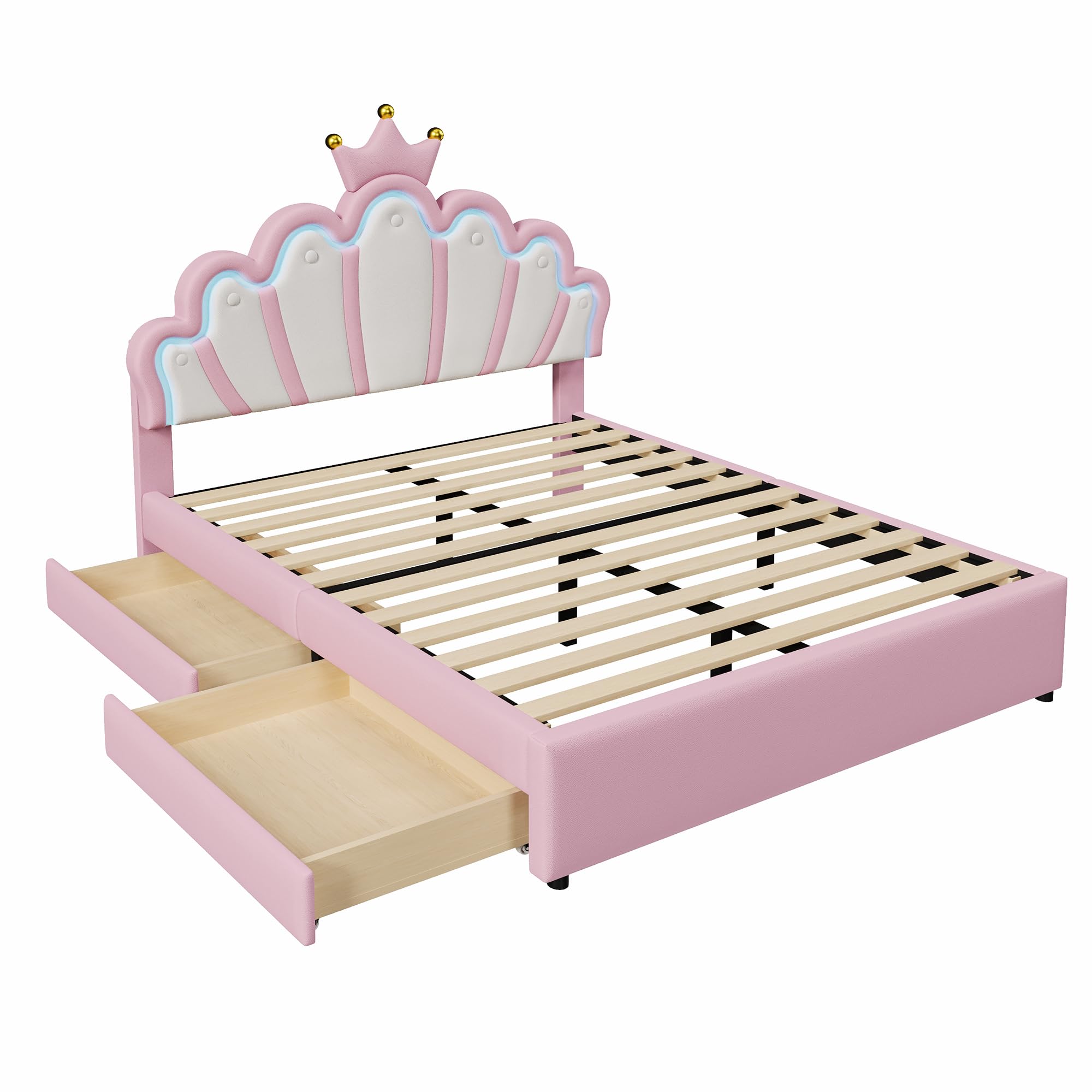 Letto imbottito, luce ambiente telecomandata, letto con 2 cassetti, letto principesse a forma di corona, testiera regolabile, PU (senza materasso) (rosa, 140 x 200 cm)
