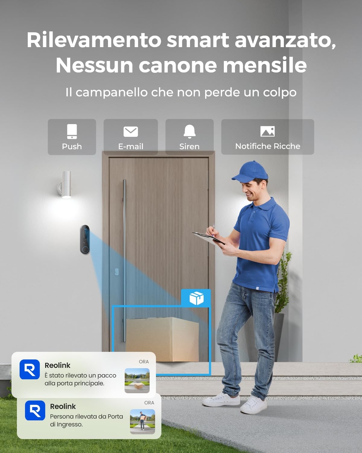 Reolink Doorbell Camera a batteria, Video Doorbell Camera di sicurezza 2K, Visuale 150°x150°, WiFi 2,4/5 GHz, a batteria o via cavo, Audio bidirezionale, Persone/Veicoli/Pacchi (Chime non incluso)