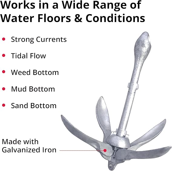 SeaSense Folding Grappling Anchor - Ideal for Fishing Vessels, Dinghies, Kayaks, Canoes & More, Great for Strong Currents & Sandy, Muddy or Weedy Bottoms - Galvanized Iron, 1.5 lbs, For Boats 5 - 10