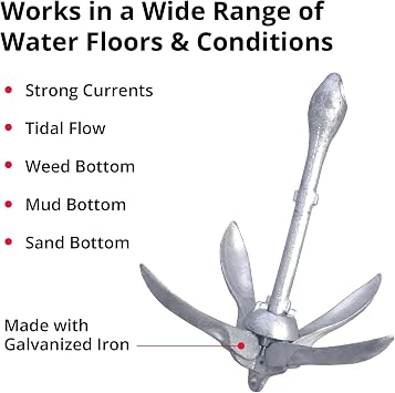 SeaSense Folding Grappling Anchor - Ideal for Fishing Vessels, Dinghies, Kayaks, Canoes & More, Great for Strong Currents & Sandy, Muddy or Weedy Bottoms - Galvanized Iron, 1.5 lbs, For Boats 5 - 10
