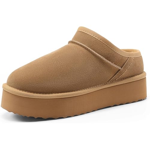 DREAM PAIRS Women's Slippers Platform Genuine Suede Slip-On Memory Foam Cozy Fluffy Warm Comfy Furry House Shoes for Outdoor Indoor
