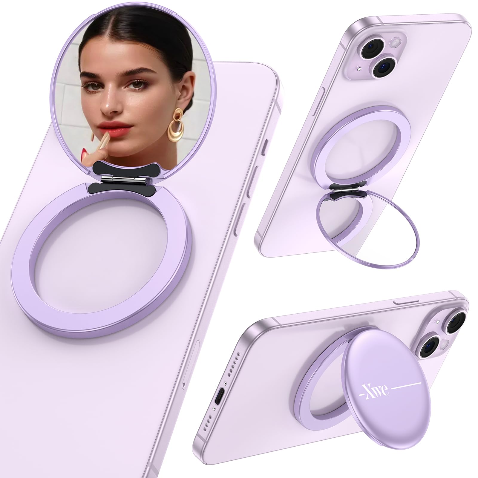 XWE Cell Phone Stand Compatible with Magsafe Mirror Mount [Anti-Scratch & Portable] Girls Women Magnetic Travel Makeup Mirror Desk Fits for iPhone 16/15/14/13/12 Plus Pro Max (Lilac)