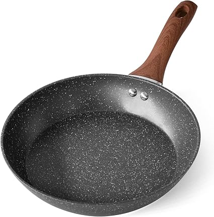 HaRvic Aluminium Alloy Marble Finish Kitchen Non Stick Frying pan Wooden Handle for Induction Cookware Safe for Dish Washer (22 CM, Black)