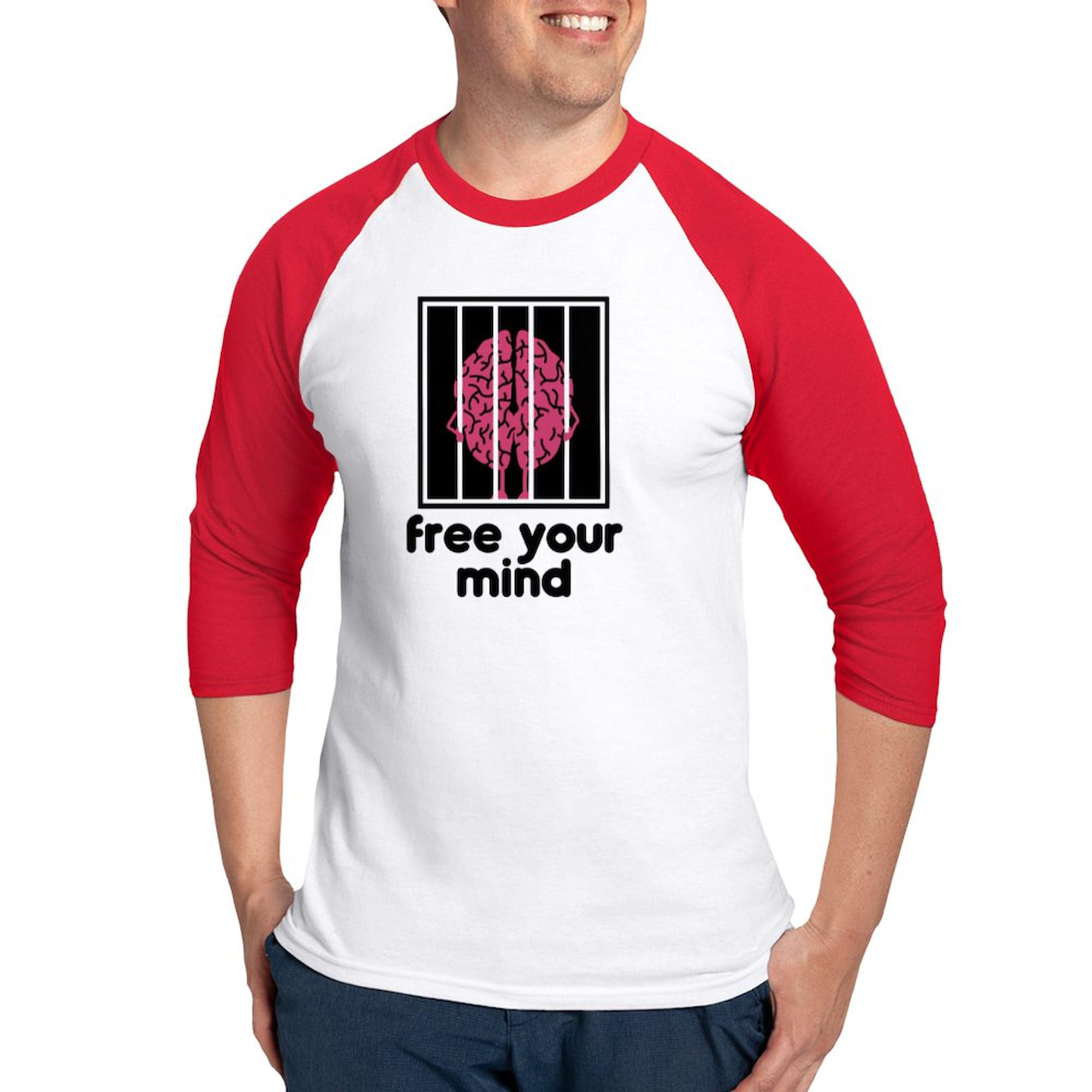 CafePress Free Your Mind Baseball Jersey Men's Cotton Baseball Jersey, 3/4 Raglan Sleeve Shirt Red/White
