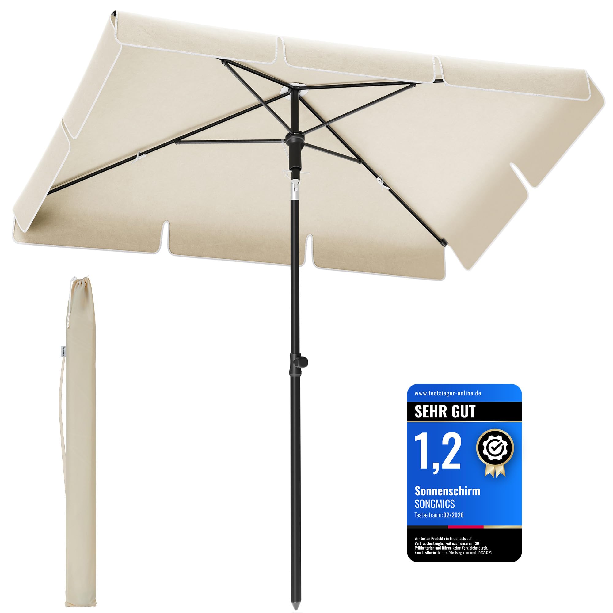 SONGMICS Sonnenschirm 180 x 125 cm, Balkonschirm UPF 50+, Sonnenschutz, beidseitig um 30° knickbar, höhenverstellbar, mit Aufbewahrungstasche, für Garten, Terrasse, ohne Ständer, beige GPU180M01