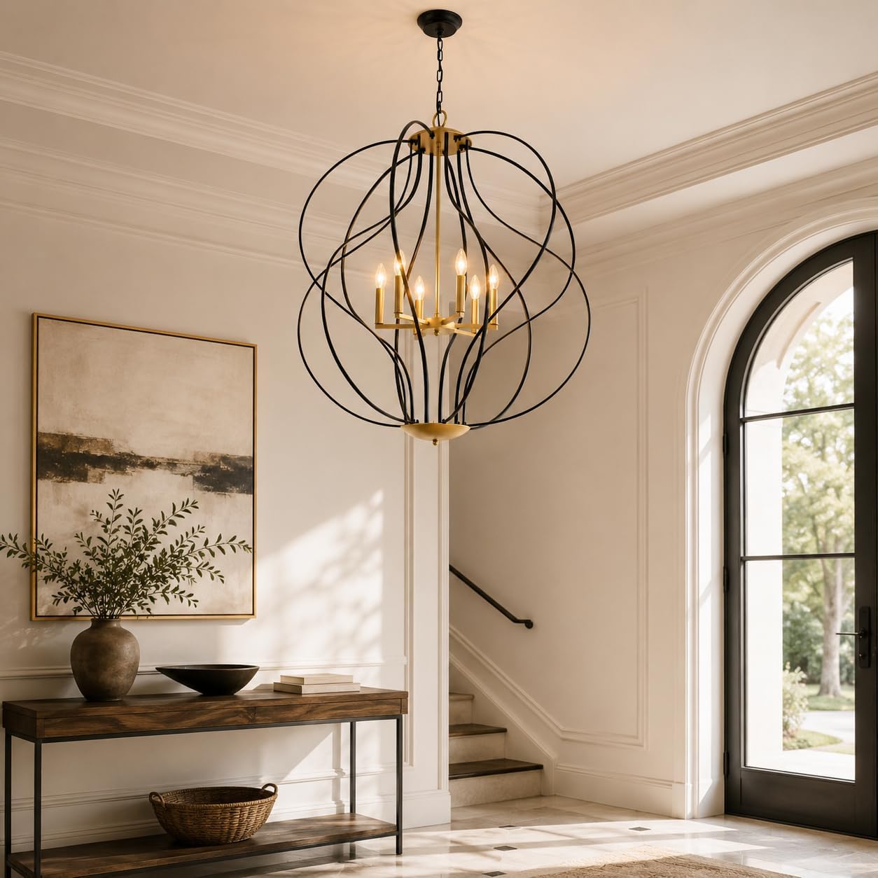 Maxax 35.4" Modern Chandelier, 6 Lights Geometric Chandeliers, Black and Gold Industrial Sphere Pendant Lights for Dining Room Foyer Entryway Living Room Bedroom