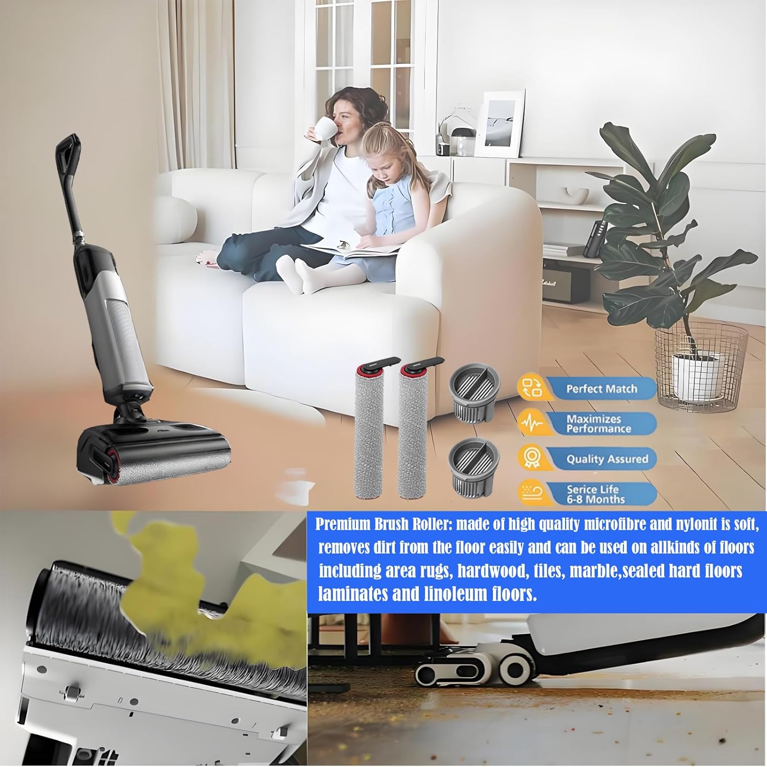 Replacement Accessories Kit for Mova X4 Pro Wet Dry Vacuum Cleaner, : 4pack Includes Roller Brush Filter Spare Parts Attachments