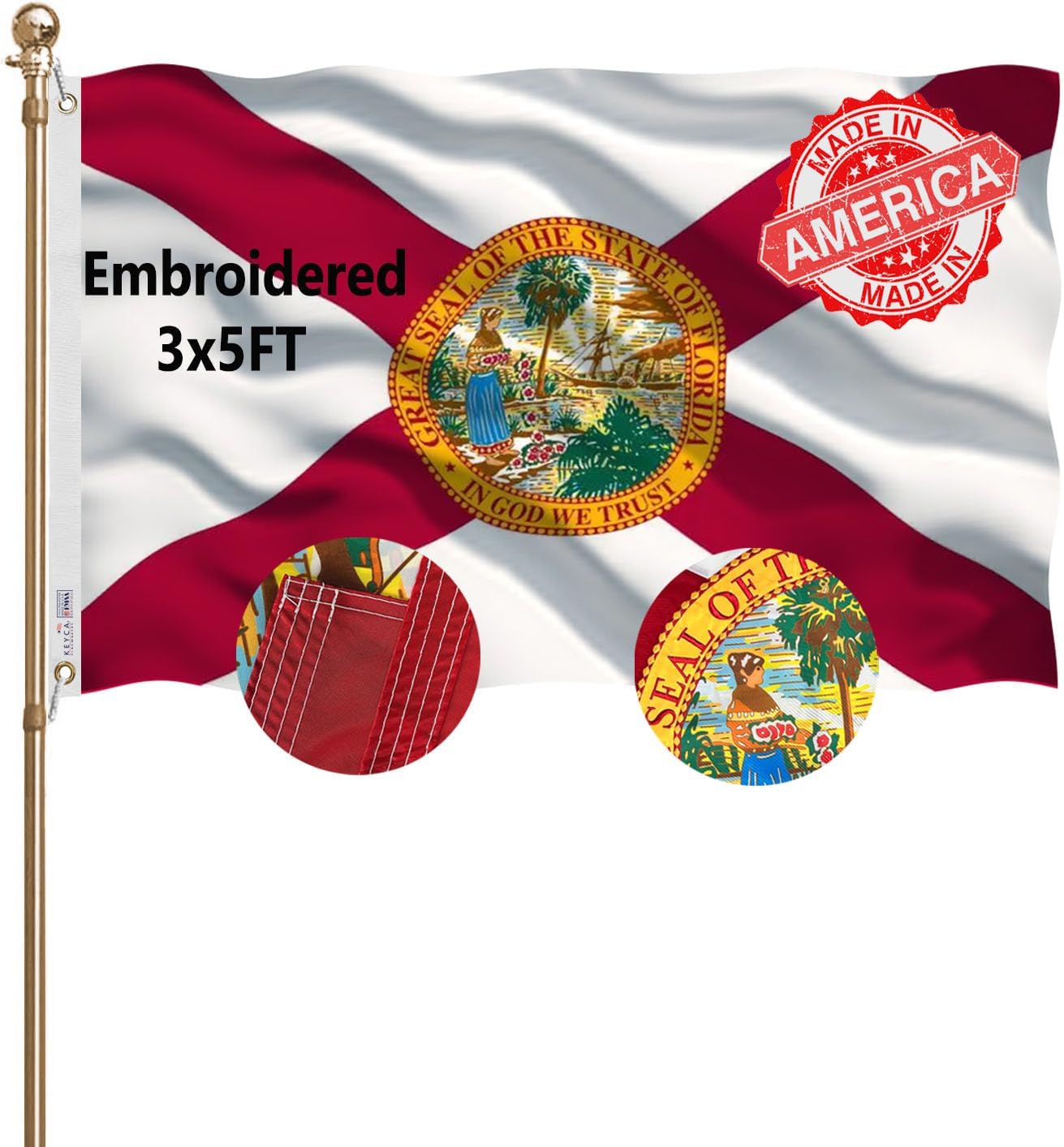 KEYCA Embroidery Florida Flags 3x5 Outdoor Heavy Duty Double Sided 340D Nylon Vivid Color Anti-Fading with 2 Brass Grommets for Home/Company/Indoor Outdoor Decoration