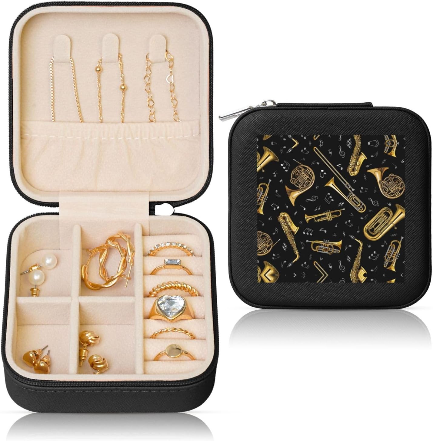 Musical Instruments Print Travel Jewelry Case,Mini Box For Earring,Leather Organizer Case Storage Gift Box Women
