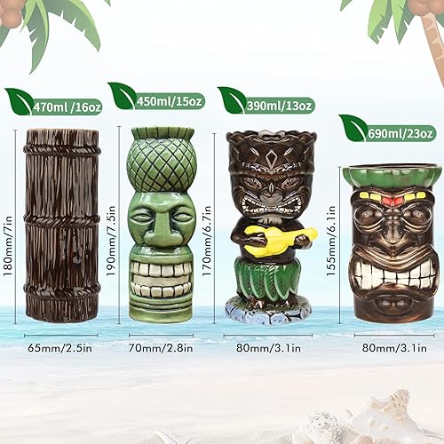 Miniatura 2 de SuproBarware Tiki - Juego de 4 tazas de cerámica tropical, taza de cóctel hawaiano (juego de 4 piezas)
