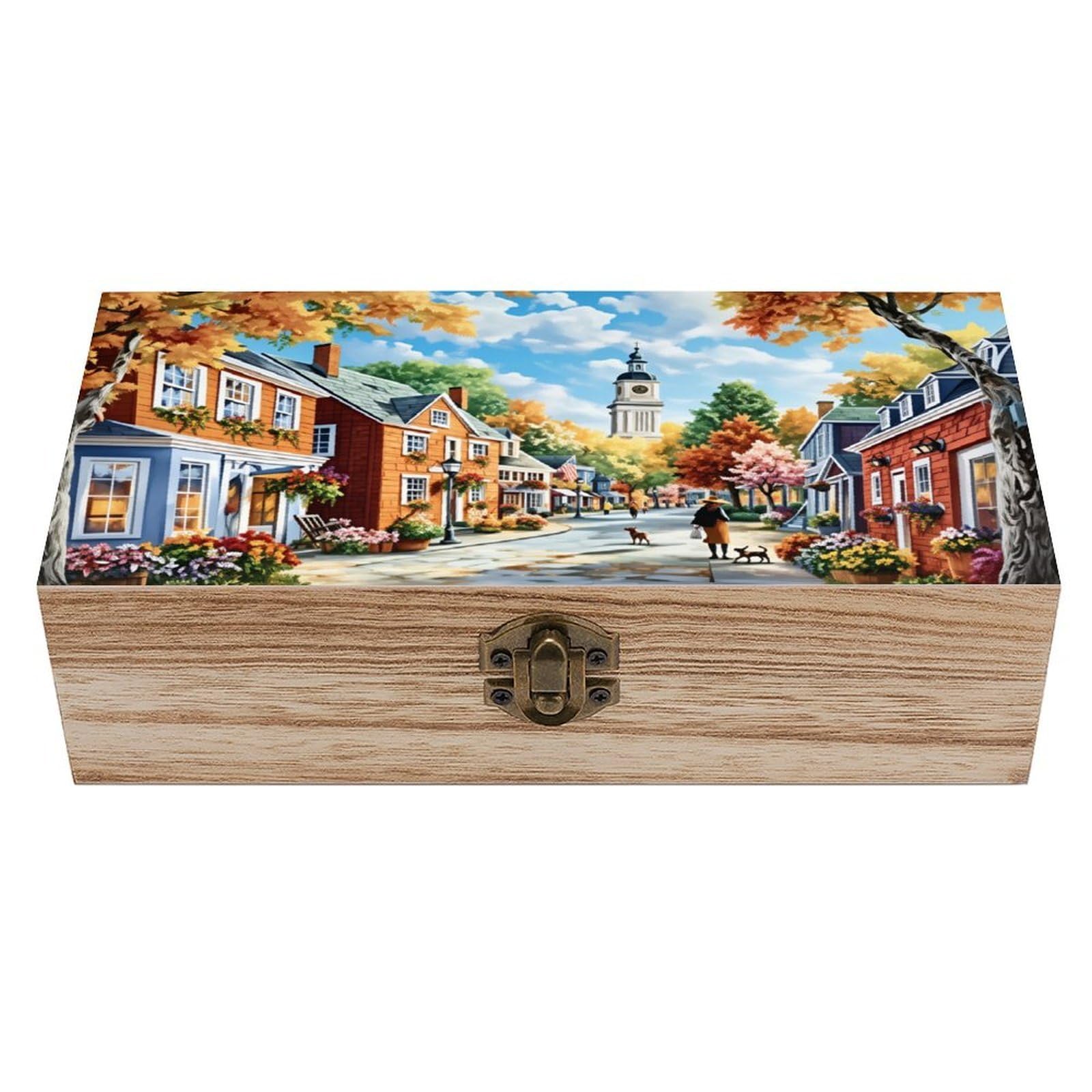 asbwuo Autumn Town Street Scene Vintage Wooden Keepsake Box