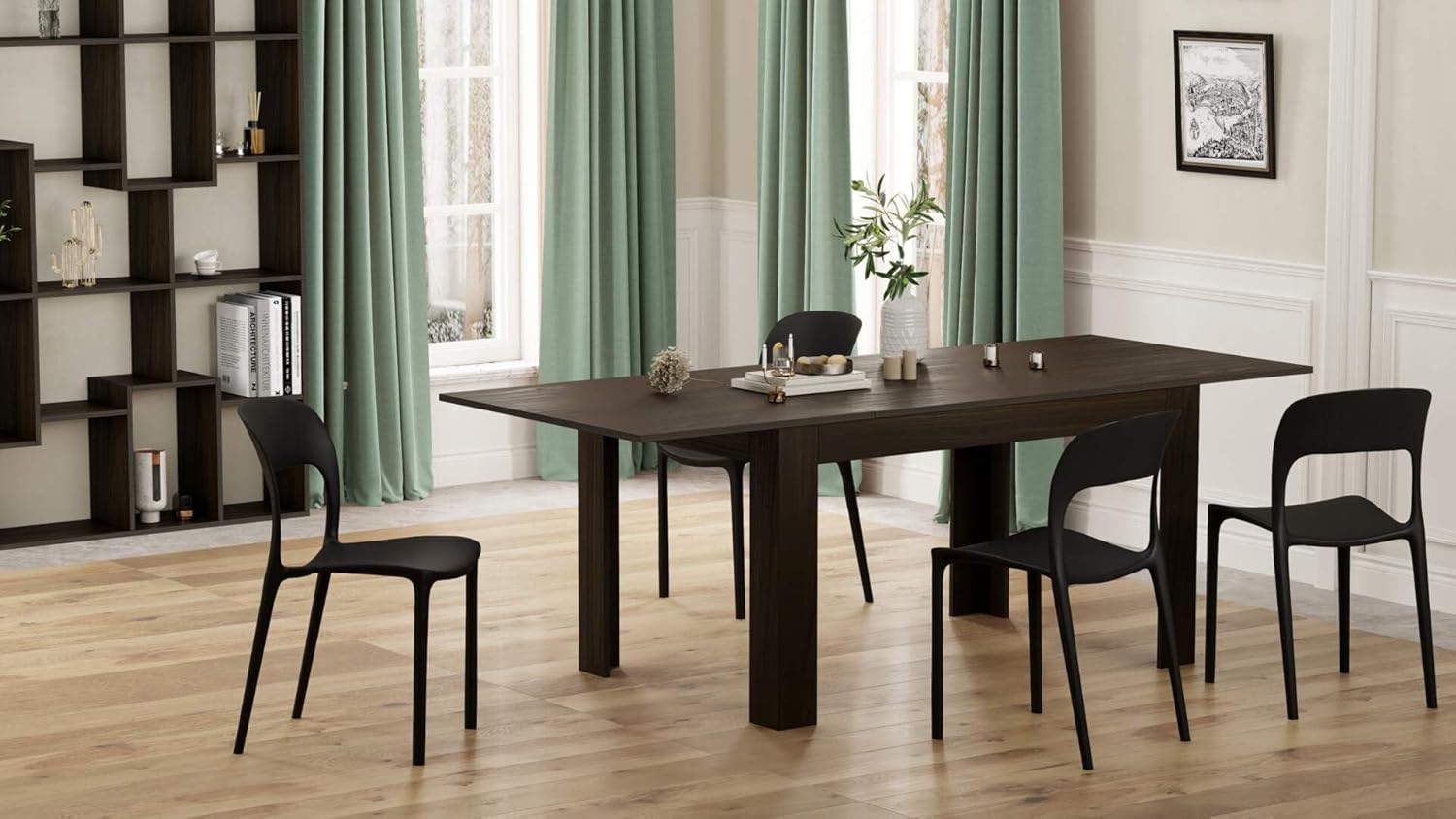 Mobili Fiver, Easy Extendable Dining Table, 55.1(86.6) x35.4 in, Dark Walnut, for 6-8 People, Expandable Dining Table for Kitchen, Italian Furniture