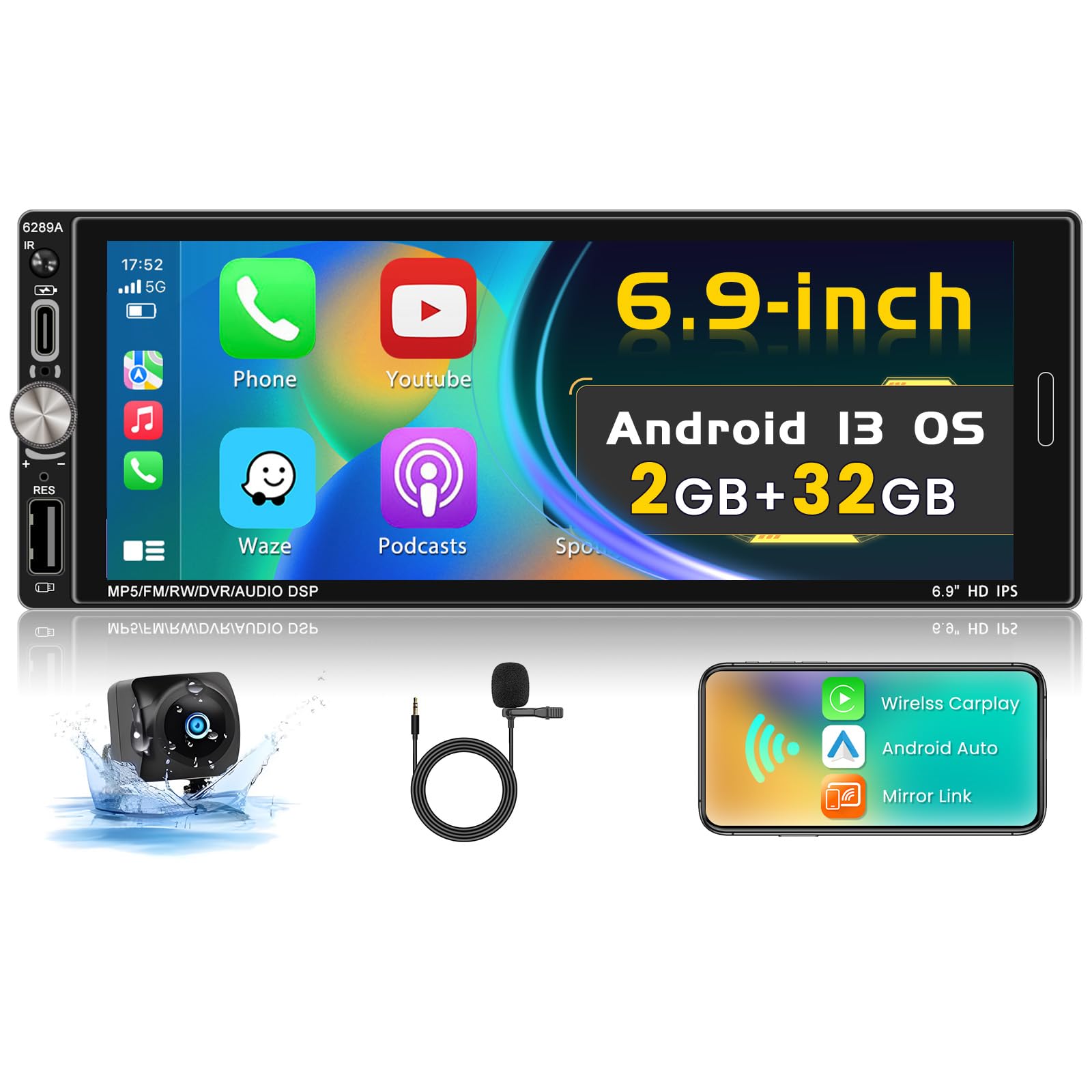 Inefala [2+32GB] Android 15 Single Din Car Radio with Wireless Carplay Android Auto, 6.9 Inch Touchscreen Car Stereo with WiFi GPS Bluetooth5.0 FM/RDS 32EQ SWC Type-C/USB Port with Backup Camera MIC