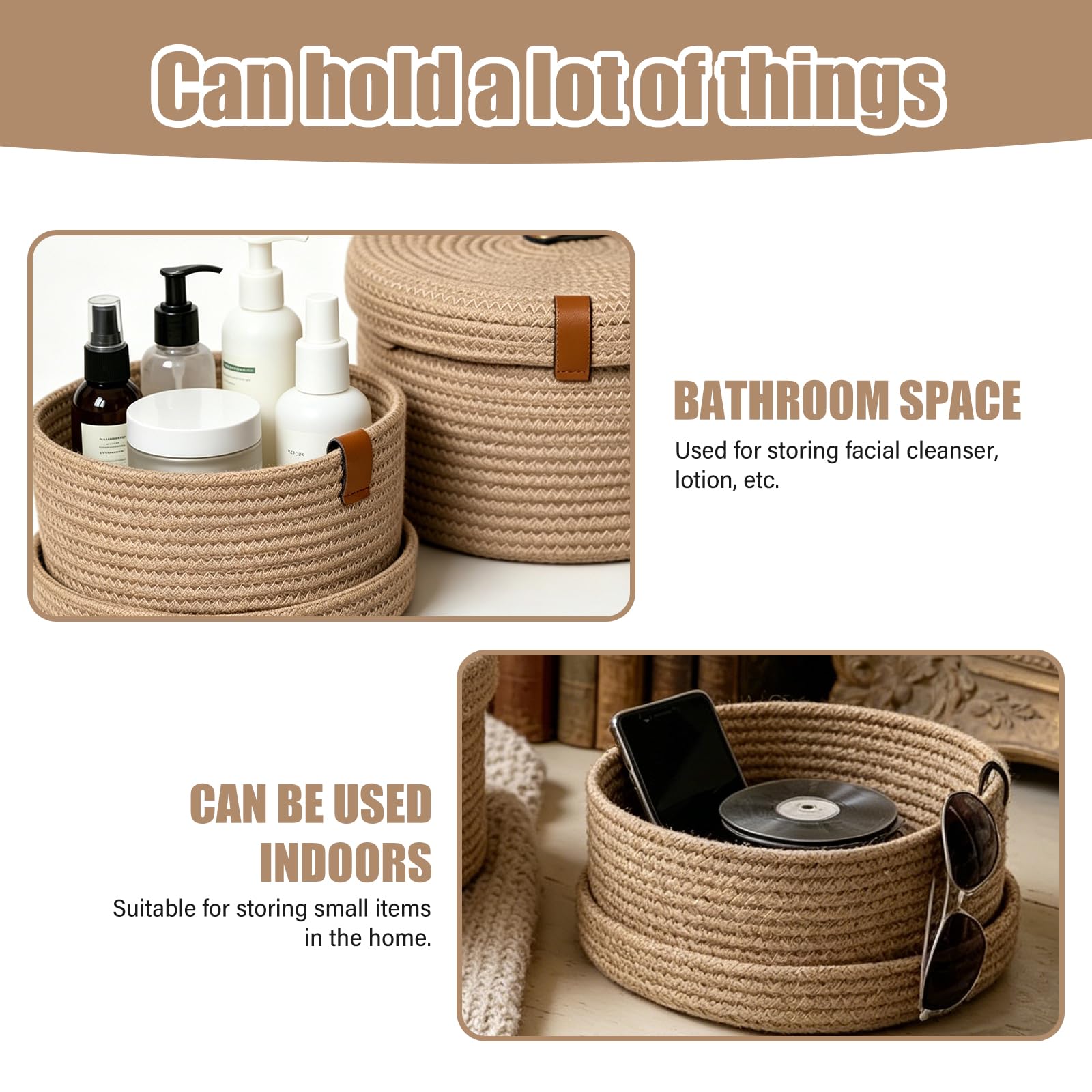2 cestas de almacenamiento con tapa, cestas de cuerda de algodón con tapa, cesta trenzada lavable, cesta de almacenamiento multifuncional para salón, baño, oficina, decoración