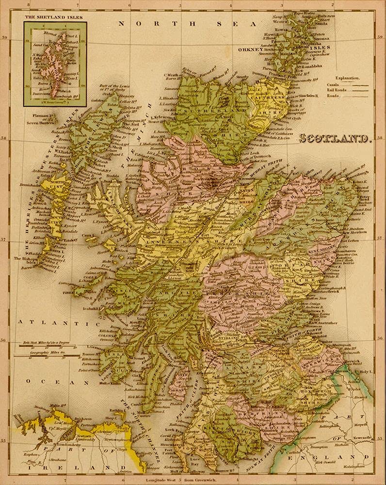 ArtExpert Scotland 1844 by Vintage Maps - 11x14 Art Print Poster, Multicolor