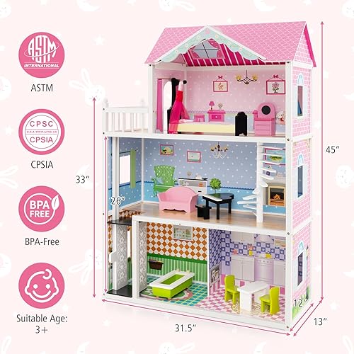 Miniatura 9 de HONEY JOY Casa de muñecas rosa, casa de muñecas de ensueño de madera de 3 pisos con ascensor y escalera de trabajo, 10 piezas de accesorios de juego