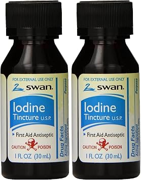 Swan Iodine Tincture First Aid Antiseptic 2% Iodine USP, 1 Oz Bottle, 2 pack