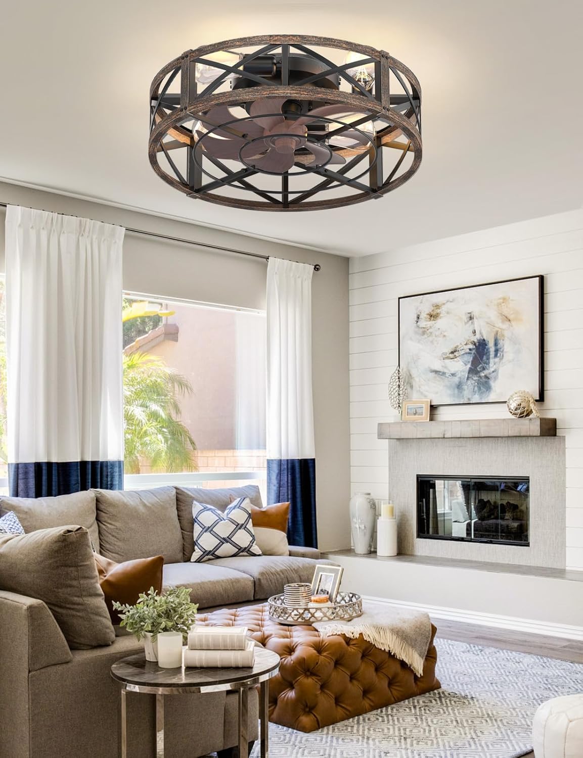 Caged Ceiling Fan with Light and Remote, 20" Low Profile Flush Mount Ceiling Fans with Light, 6 Speed, Timing, Reversible DC Motor, Small Farmhouse Fan Lights for Bedroon Kitchen Living Dining Room