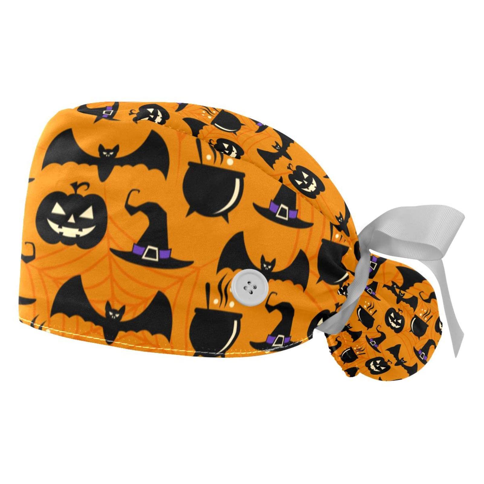 2 Pcs Working Cap with Button Sweatband, Cartoon Scrub Hats Ponytail Holder for Women Long Hair