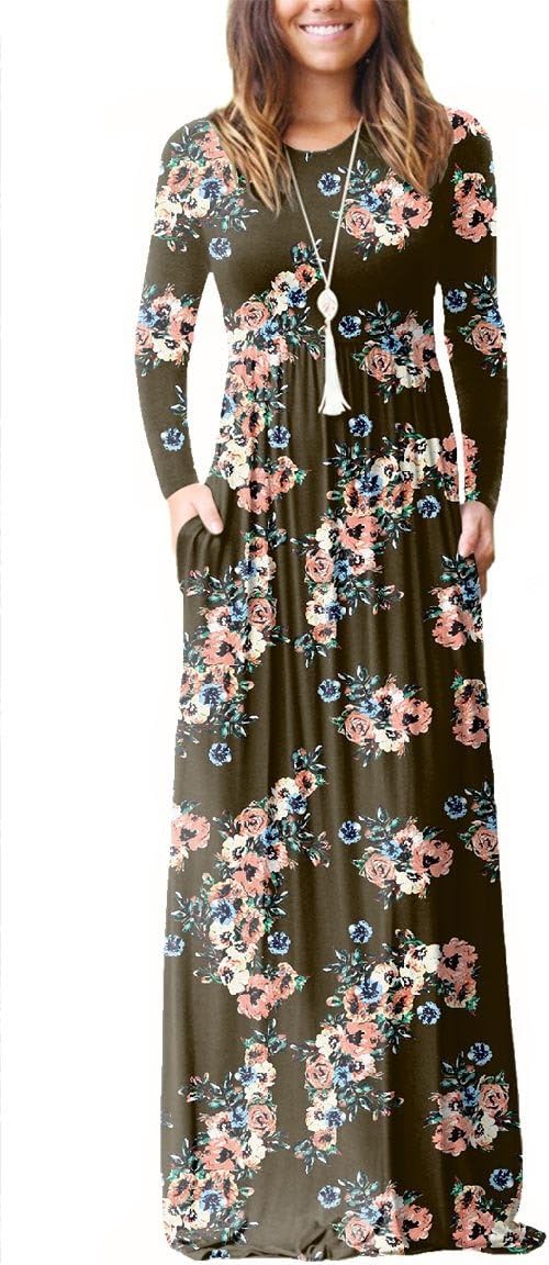 Rojeam Women's Boho Maxi Dress With Pockets - Long Sleeve Floral Print Sundress