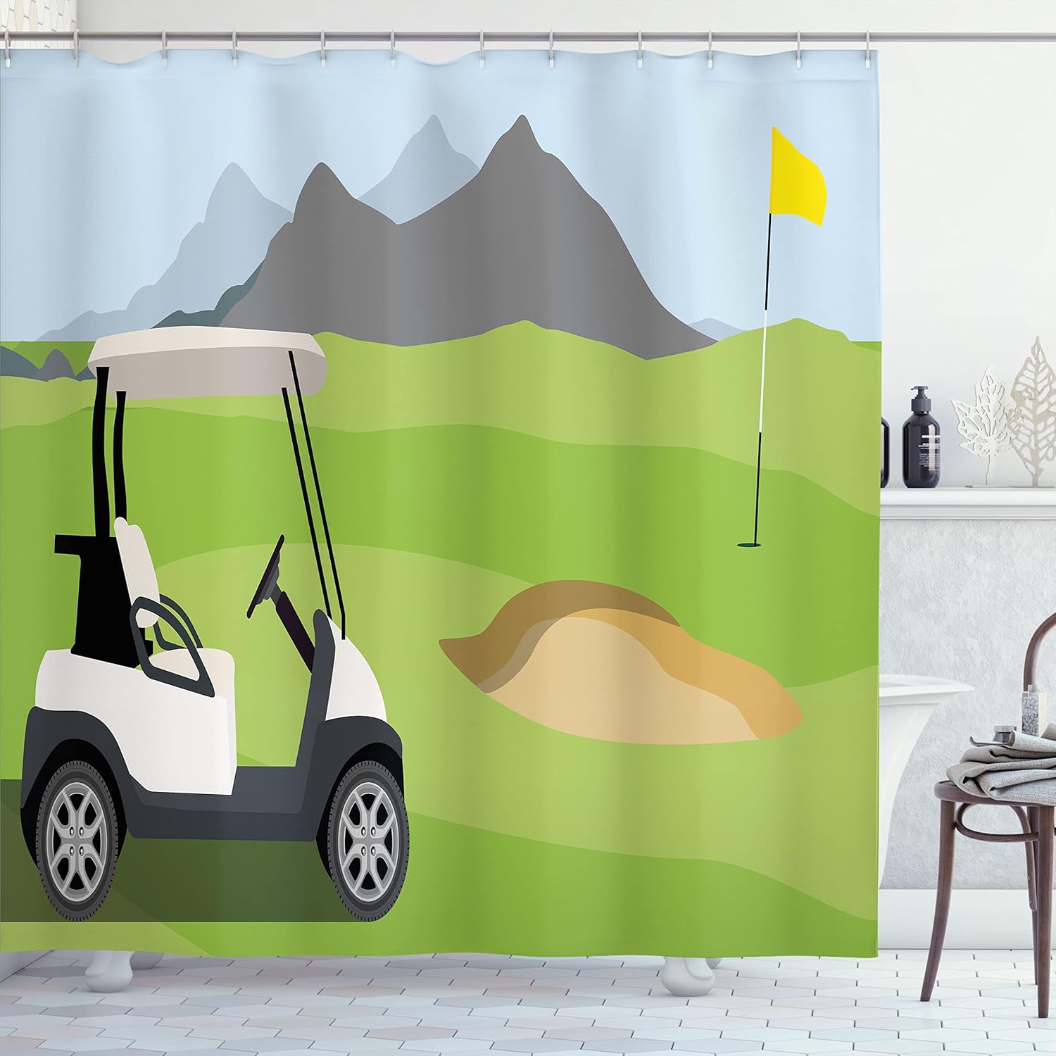 Ambesonne Golf Course Scene Shower Curtain, Cartoonish Golf Club Themed Mountains Little Car and Flag, Cloth Fabric Bathroom Decor Set with Hooks, 69" W x 75" L, Lime Green Multicolor