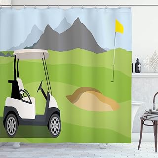 Ambesonne Golf Course Scene Shower Curtain, Cartoonish Golf Club Themed Mountains Little Car and Flag, Cloth Fabric Bathroom Decor Set with Hooks, 69" W x 75" L, Lime Green Multicolor