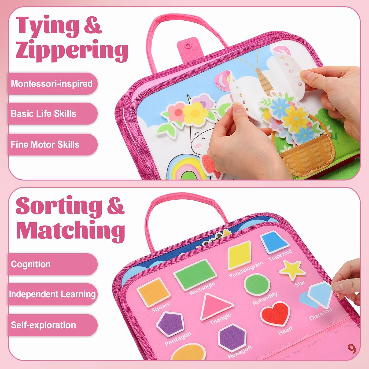 Busy Board for Toddlers, Montessori Toys for Boys Girls, Educational Learning Activity Quiet Book with Life Skills, Toddler Travel Toys Birthday Gifts (Pink) - Image 3