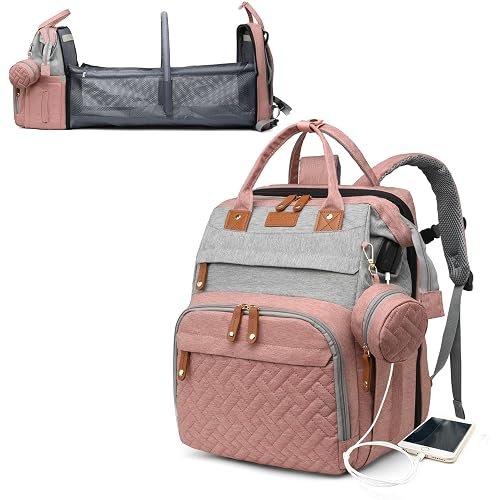 Astro alan Baby Diaper Bags with Changing Station, Waterproof Diaper Bag Backpack for Moms Dads with USB Charging Port, Baby Shower Gifts, Large Capacity diaper backpack,Pink Grey