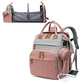 Baby Diaper Bags with Changing Station, Waterproof Diaper Bag Backpack for Moms Dads with USB Charging Port, Baby Shower Gifts, Large Capacity diaper backpack,Pink Grey
