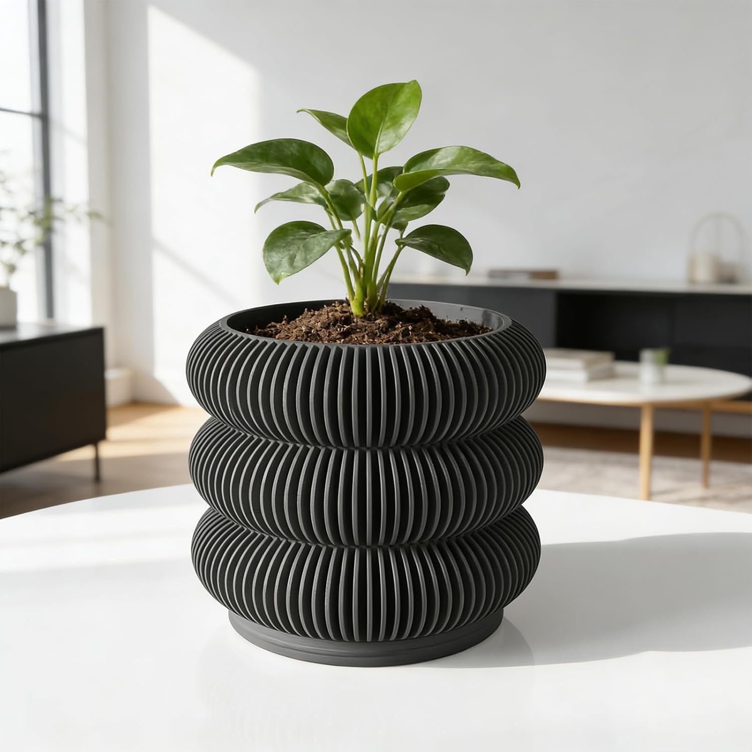 Fabix 4.7" 3D Printed Plant Pots - Unique Bubble Ring Modern Planters for Indoor Plants, Durableo-Friendly PLA Flower Pots with Drainage for Succulents, Cactus, Home Office Décor.(Black)