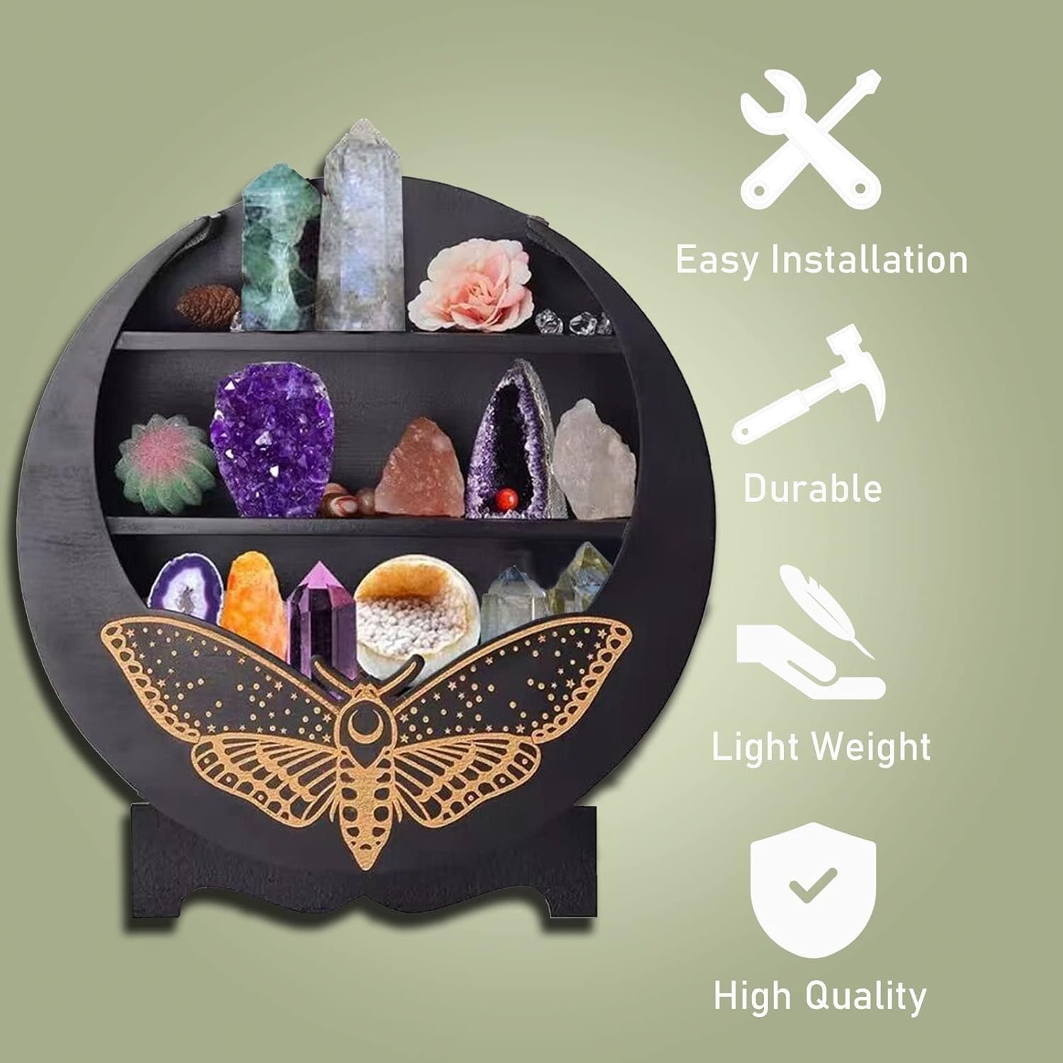 Wooden Crystal Shelf, Durable Pine Floating Shelves Engraved Design Shelf for Crystal Essential Oil Display Home Decor Butterfly - 9