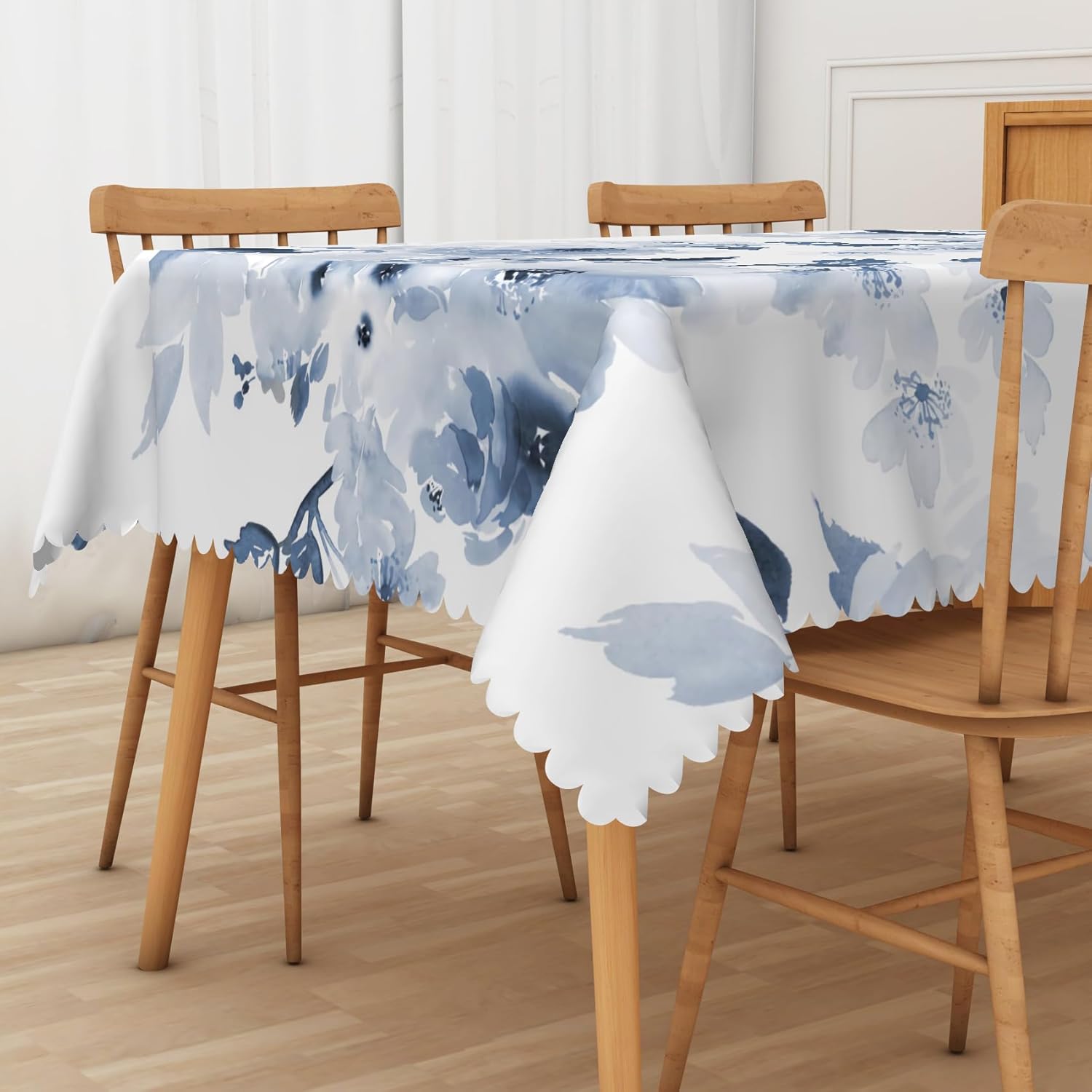 Spring Navy Blue Floral Rectangle Tablecloth,SIEDYCV 70x120 Inch Watercolor Blue Flower Print White Polyester Fabric Table Cloth,Waterproof Table Cover for Dining Picnic Wedding Party Home Decoration