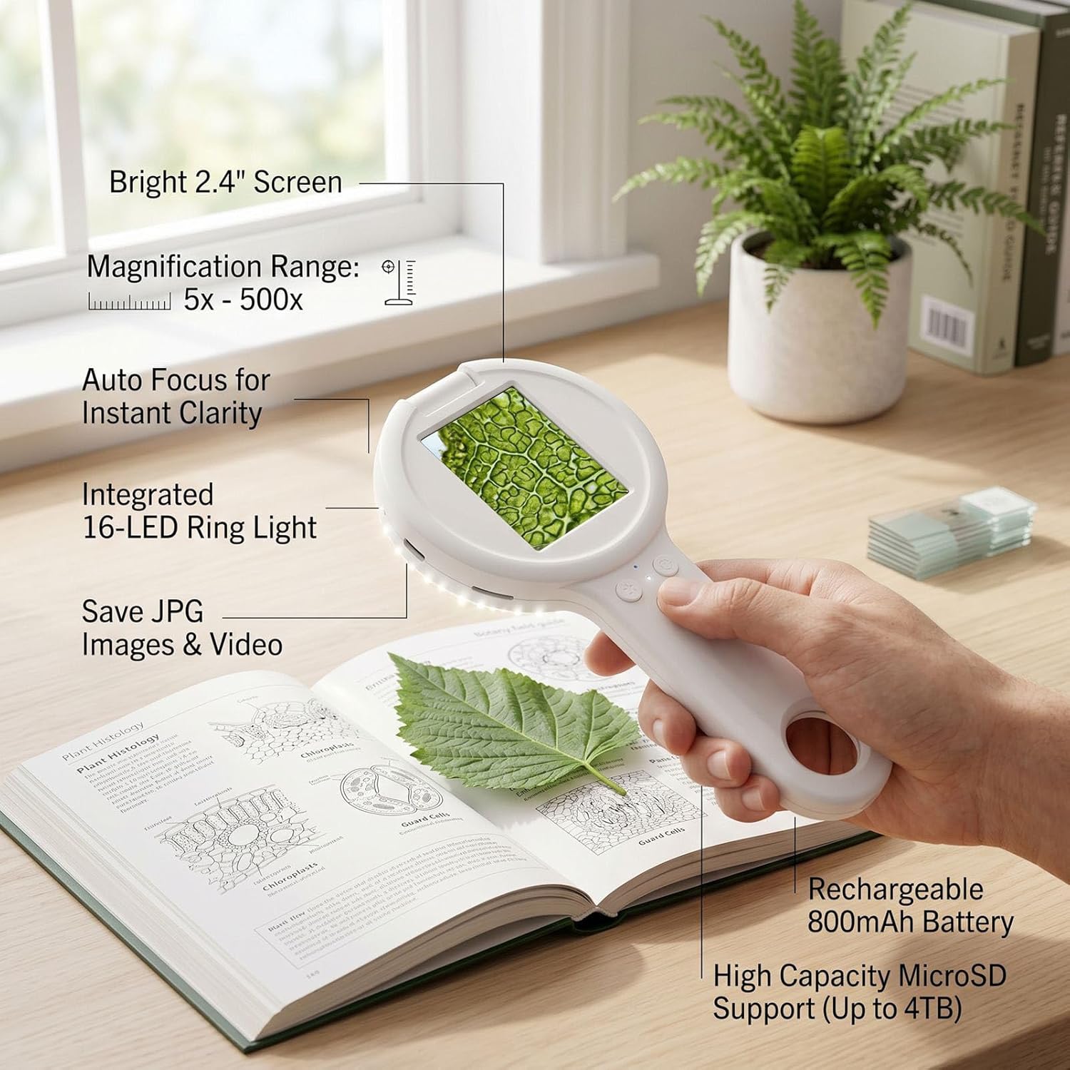 Fabater Microscope for Kids, Handheld Magnifier Digital Microscope, 2 Inch Screen 500x Magnification Handheld Magnifying Glass with LEDs for Nature Observation (White)