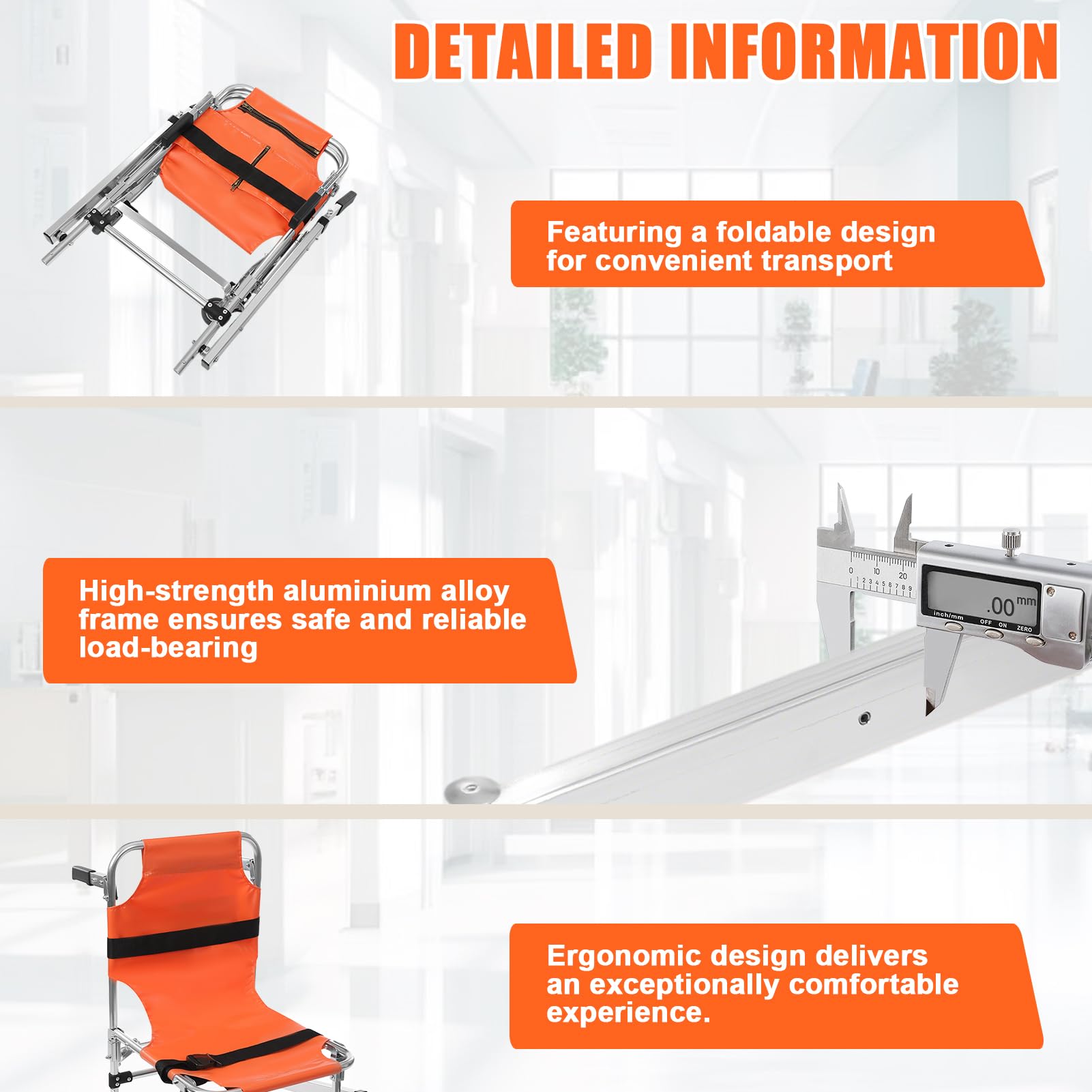 Chaise d'évacuation, chaise d'escalier en alliage d'aluminium, légère, pliable avec fermeture rapide, chaise d'évacuation pour ambulance pompier (orange)