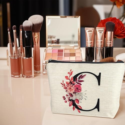 Miniatura 6 de ancpeany A-Z - Bolsa de maquillaje personalizada para mujer, bolsa de cosméticos de viaje impermeable de lino pequeña, C, Moda