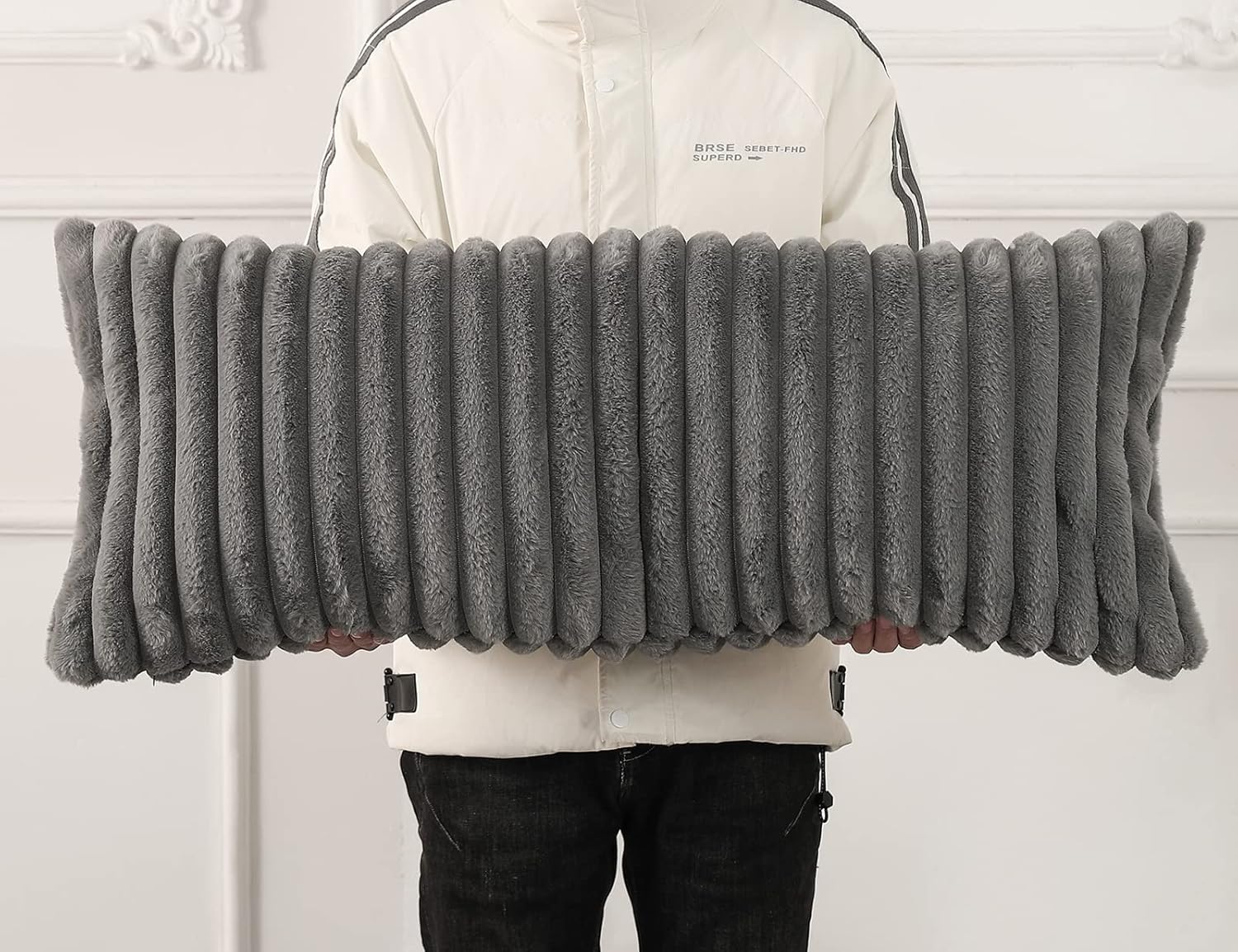 PANOD Faux Fur Decorative Lumbar Throw Pillow Covers 16 x 36,Plush Long Boho Lumbar Pillow Covers Pillow Case Cushion Case for Bed Sofa Farmhouse Livingroom,Grey