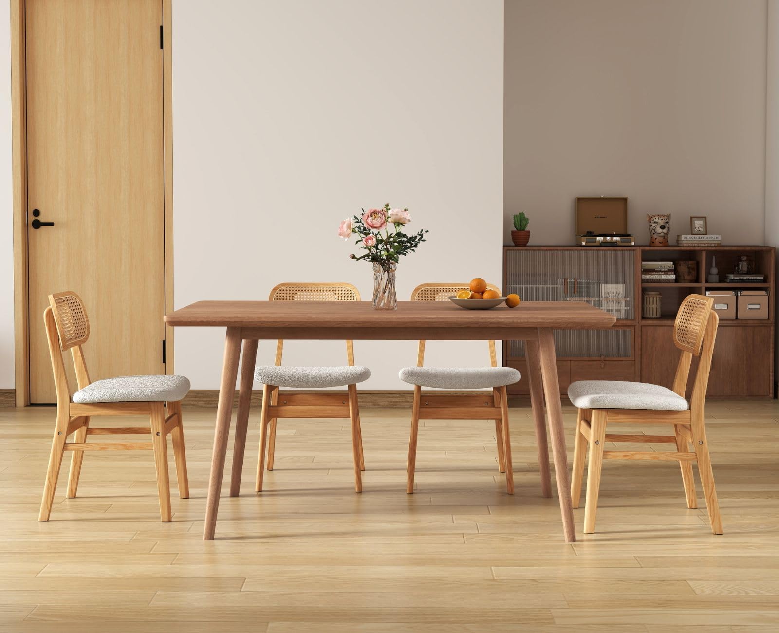 chairus Juego 2 de Sillas de Comedor Madera Maciza Sillas de Cocina con Respaldo Ratán, Sillas Rústica Tapizado en Lana Sintética para Restaurante/Cafetería, Beige