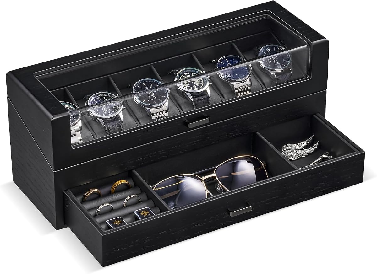 ProCase Caja de Reloj de Madera de Alta Gama para Hombres, Vitrina de Madera de 2 Capas para Relojes, Caja Organizadora de Joyas para Hombres con Cajón -6 Ranuras, Negro