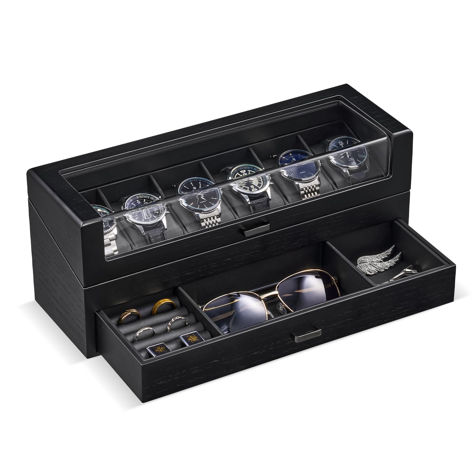 HVMBEUGOS Wooden Watch Box for Men, Wood Watch Display Case with Glass Lid, Men's Jewelry Organizer Box with Drawer -6 Slot, Black