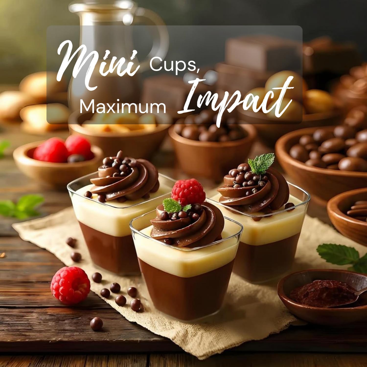 3 oz Mini Dessert Cups with Spoons, 200 Pcs/100 Sets, Clear Disposable Plastic Square Dessert Bowls Shooter Cups for Wedding, Catering, Parfaits, Appetizers, Pudding, Dessert Tasting