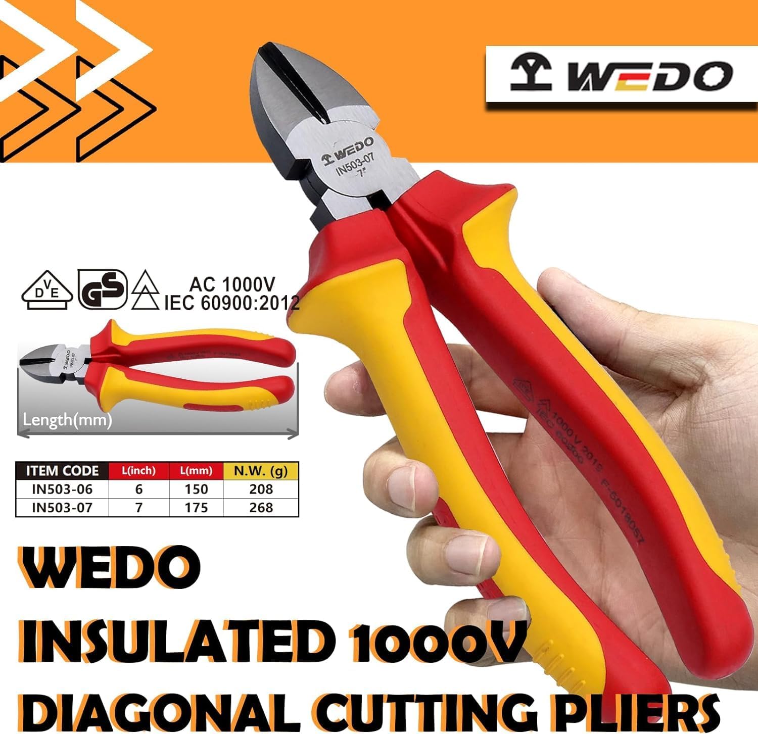 WEDO Insulated Diagonal Cutting Pliers 7", VDE 1000V Side Wire Cutters Injection Pliers, Dual Material Anti-Slip Handles, Jaw Hardness HRC58-63