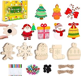 LYLIN 36pcs Wooden Christmas Ornaments to Paint, DIY Wooden Magnets Art Craft Painting Kit with Bells, Colored Markers and Ropes, Christmas Painting Crafts for Birthday/Party Gifts Holiday Decor