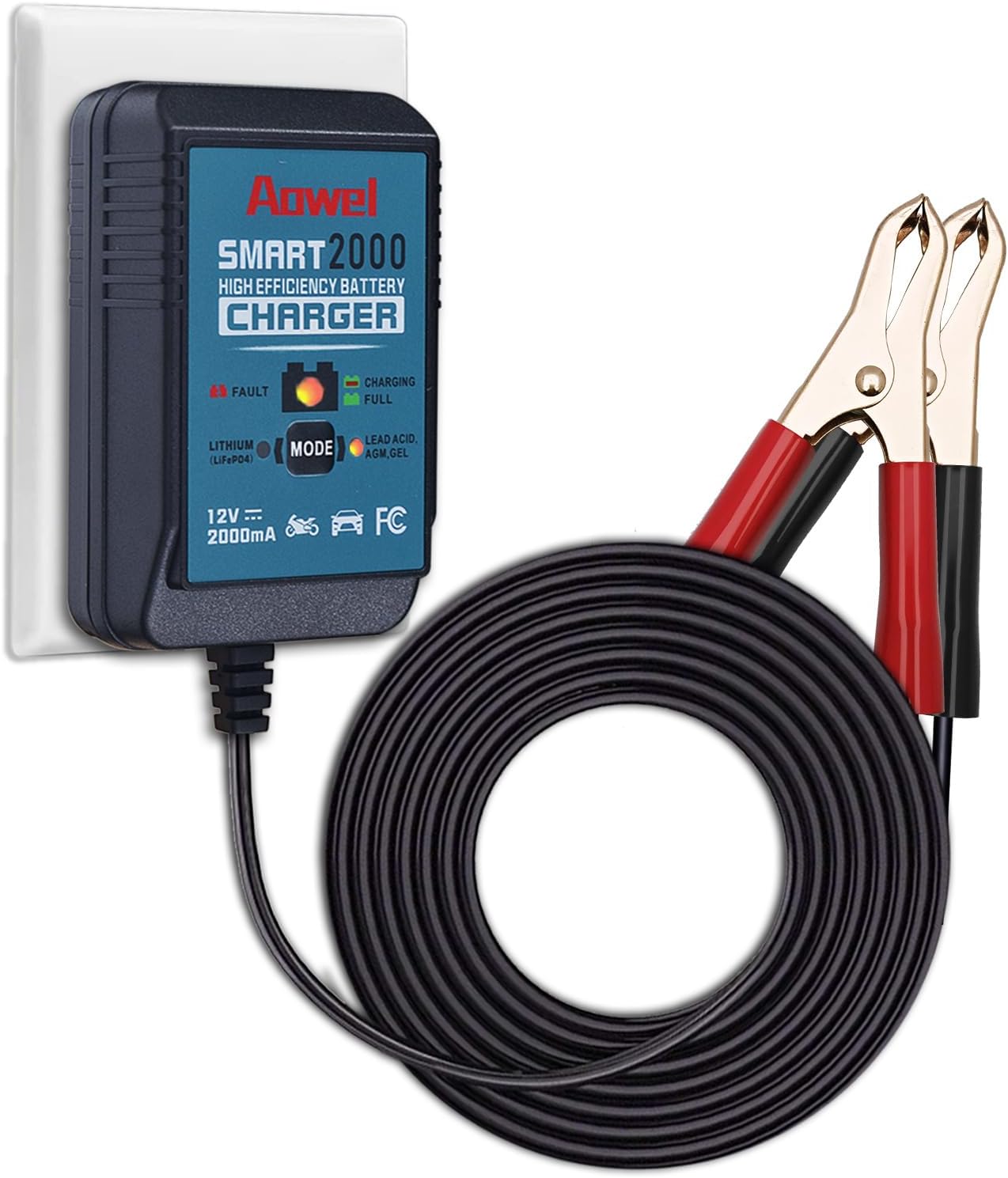 Aowel Smart Battery Charger, 12V 2A Fully Automatic Trickle Charger & Maintainer for Car, Lawn Mower, ATV, Motorcycle, Boat, Marine