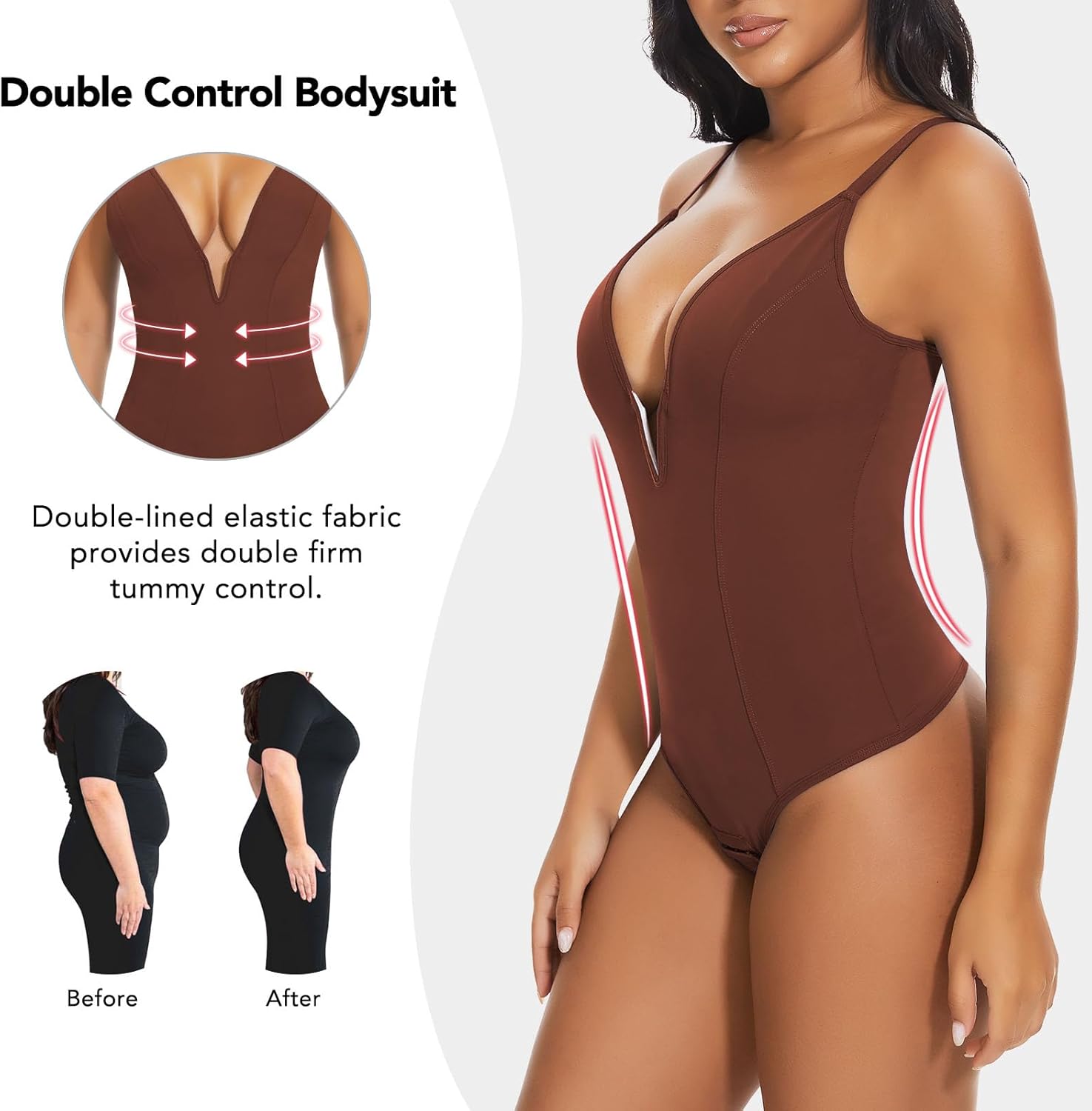 SHAPERIN Women's Deep V Neck Bodysuit Double Lined Plunge Tummy Control Shapewear Thong Body Suits Backless Cami Tank - Image 4