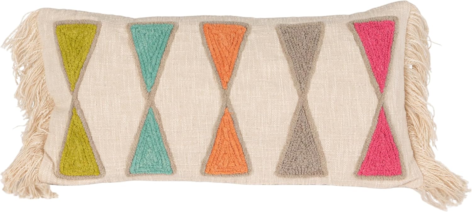 Bloomingville Embroidered Cotton Lumbar Pillow with Fringe, Bright Multicolors