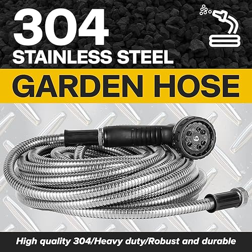 Miniatura 9 de Manguera de jardín de metal de 50 pies, manguera de agua resistente de acero inoxidable 304 con boquilla de 10 funciones, sin enredos, sin