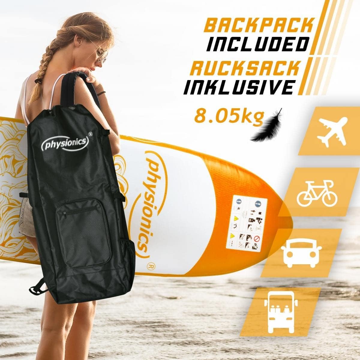 Person carrying SUP board in backpack